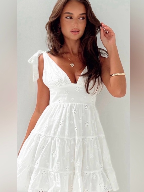 Dresses & Skirts - White Eyelet Tie-Shoulder Sundress Two Layers 6 Princess Polly